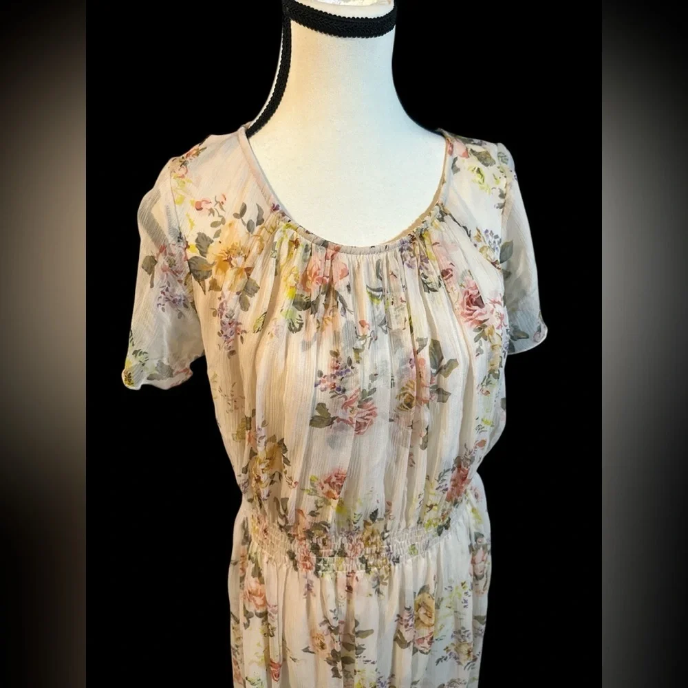 Sundance Floral Midi Dress in Cream and Pink 100% Silk